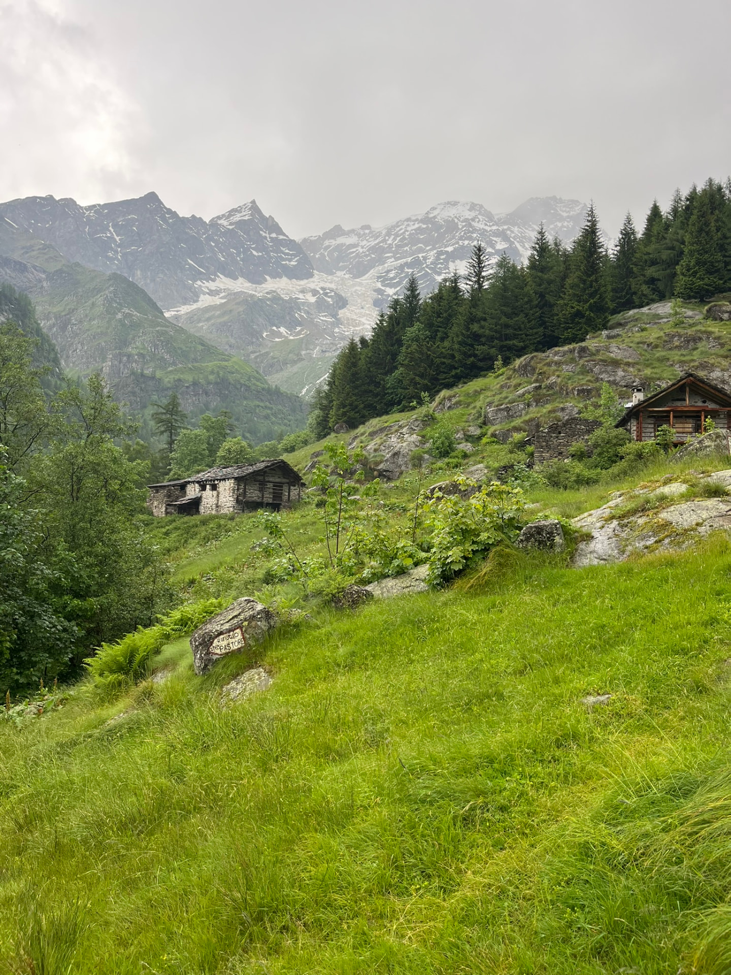 Stone mountain huts on a green alpine meadow below a glacier