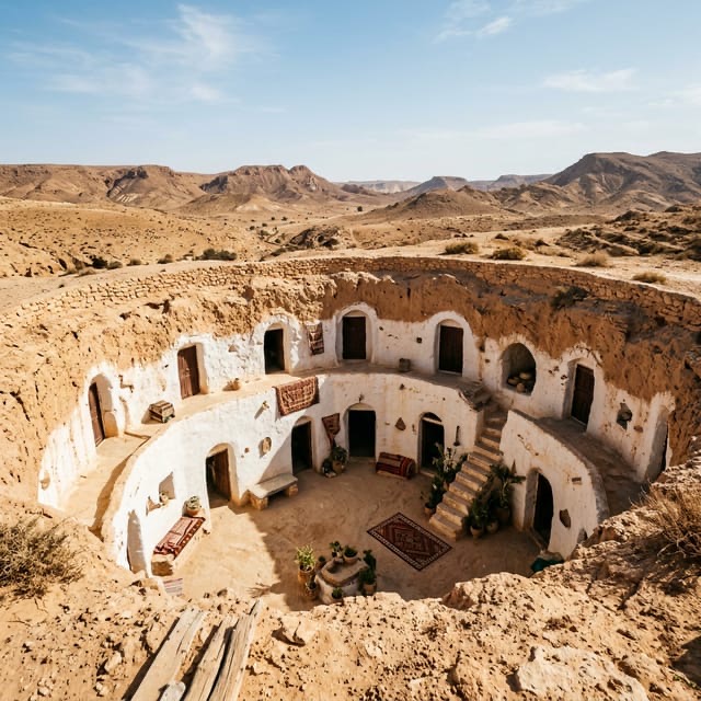 An underground troglodyte courtyard home in Matmata, with rooms carved into two tiers of sandstone and whitewashed archways